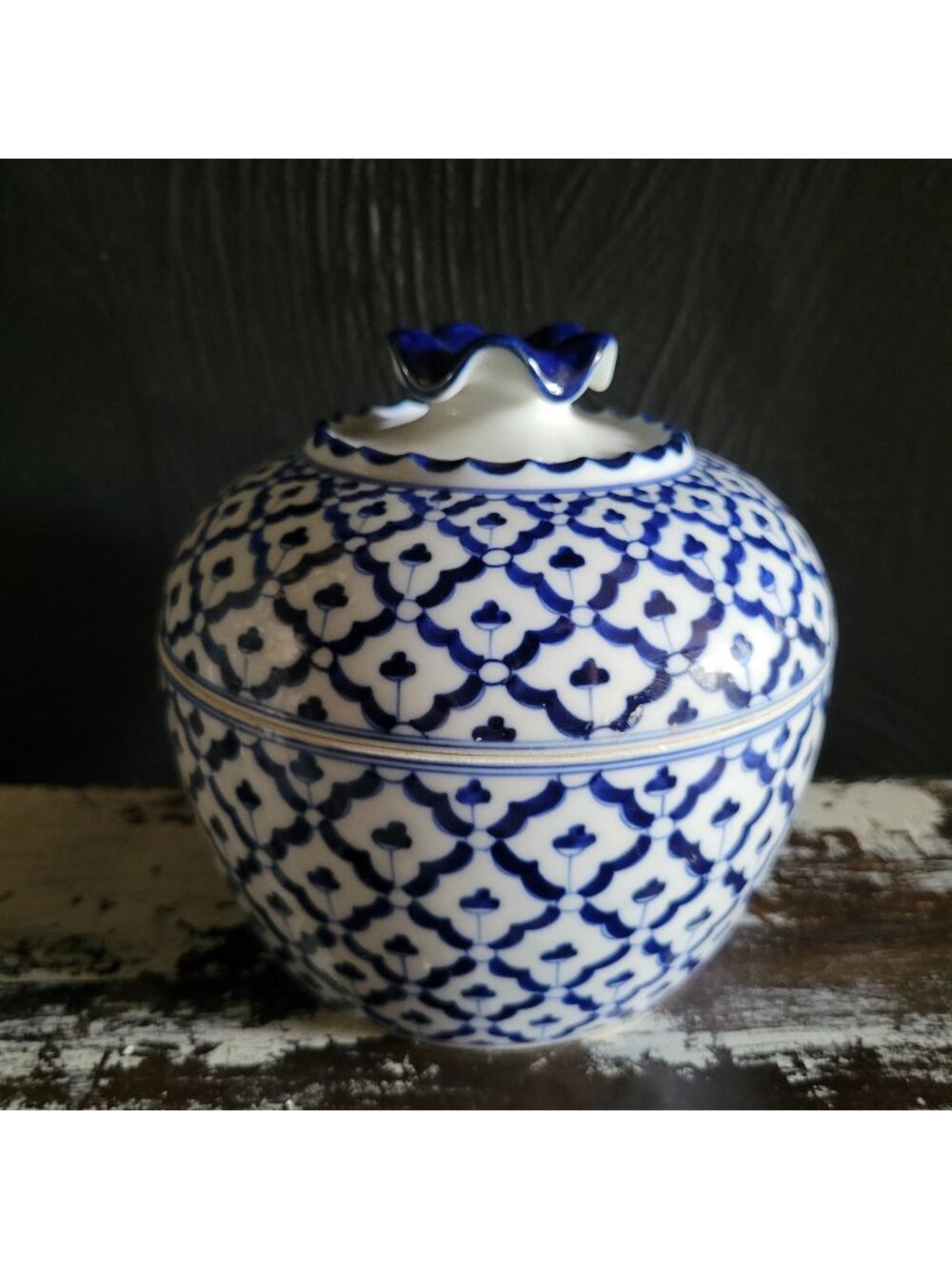 Vintage Thai Porcelain Blue and White Round Lidded Jar